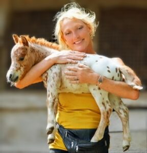 Laureen Stevens, owner of Toyland Falabella's International, proudly holds a 1 week old Falabella foal in her arms. The foals coat color is red with a spotted appaloosa pattern.